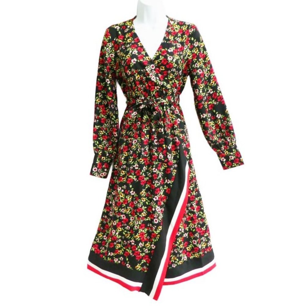 Midi Dress Dex Faux Wrap Snap Surplice Mixed Floral Stripe Border Long Sleeve S